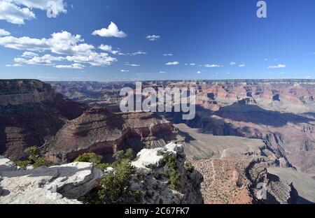 Una vista panoramica delle formazioni rocciose del Grand Canyon. Cielo blu e alberi verdi vicino al bordo sono visibili. Una roccia bianca sporge dal bordo. Foto Stock