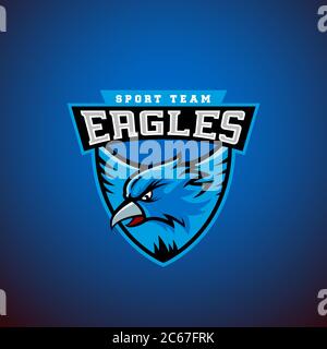 Aquila in uno scudo. Modello emblema astratto Vector Sport. Logo del campionato o della squadra. Segno del personale universitario. Illustrazione Vettoriale