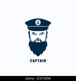 Modello con logo vettoriale Silhouette Captain Face. Simbolo della gente di mare. Skipper in un cappello emblema. Cartello con testa di Seaman con bearing. Illustrazione Vettoriale