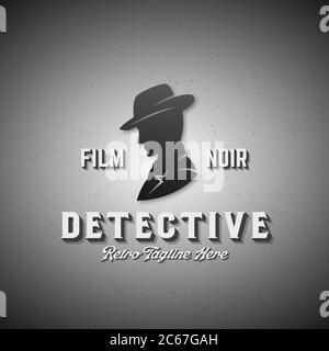 Emblema, etichetta o modello logo del vettore astratto detective Film Noir. Uomo in un cappello silhouette con retro tipografia. Illustrazione Vettoriale