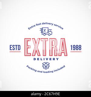 Cartello, emblema o modello di logo per il servizio di consegna rapida. Van Car con Package Box e concetto di tipografia retro. Illustrazione Vettoriale