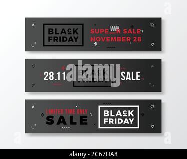 Black Friday Set di Banner minimal in stile svizzero. Bianco e rosso concetto moderno. Con ombra realistica. Illustrazione Vettoriale