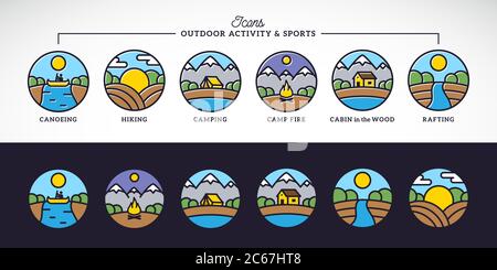 Outdoor Activity e Sports Line Style icone vettoriali Set con tipografia. Illustrazione Vettoriale