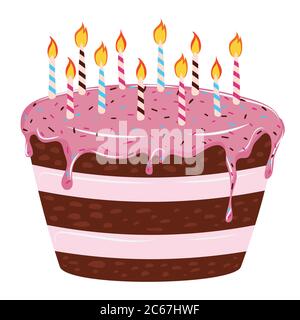 Gustosa torta al cioccolato di compleanno con glassa rosa e candele. Illustrazione Vettoriale