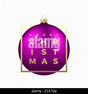 Adesivo o banner per i saluti di Natale. Vettore realistico viola palla su sfondo trasparente con Golden Modern Typography in un fotogramma. Illustrazione Vettoriale