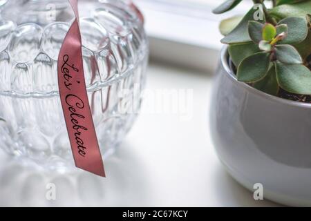 Contenitore decorativo in vetro retrò con un motivo con un nastro rosa con testo festeggiamo accanto ad una succulenta pianta domestica su un davanzale bianco. Foto Stock