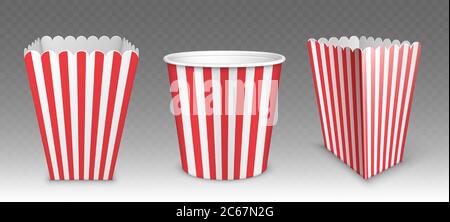 Secchio a righe per popcorn, ali di pollo o mockup di gambe isolato su sfondo trasparente. Fastfood vuoto con chiodo a righe rosso e bianco, gallina di carta bucketful, scatola di cibo rendono realistico il vettore 3d mock up Illustrazione Vettoriale