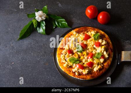 Pizza in stile indiano con formaggio casolare, pomodori su fondo nero e un fiore con foglie in lontananza. Uso della messa a fuoco selettiva. Foto Stock