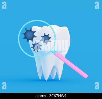 Batterie dentali sotto una lente di ingrandimento. Ricerca e diagnosi di malattie dei denti concetto. illustrazione 3d Foto Stock