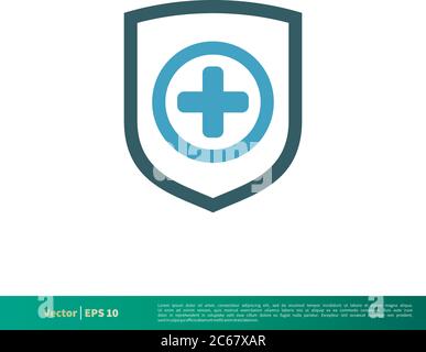 Shield and Cross Medical, Healthcare icona modello logo vettore disegno di illustrazione. EPS vettoriale modificabile 10. Illustrazione Vettoriale