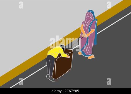 Una donna migrante ruota suo figlio che dorme sulla valigia durante il blocco in india illustrazione vettoriale Illustrazione Vettoriale