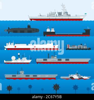 Set di navi militari, barche a vela, navi, yacht, vela, barche. Trasporto barca a vela, nave da guerra militare. Illustrazione del vettore di trasporto dell'acqua. Illustrazione Vettoriale