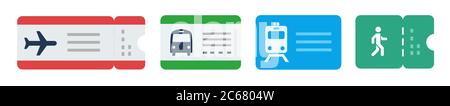 Set di biglietti per varie modalità di trasporto e un vettore pass metro icona piatta illustrazione isolato Illustrazione Vettoriale