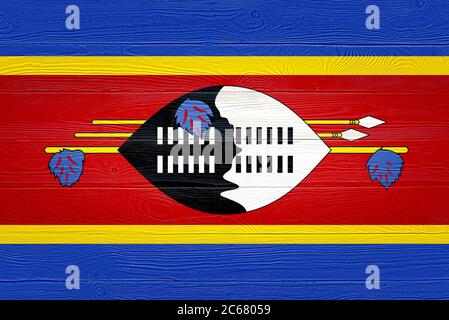 Bandiera Eswatini dipinta su vecchio sfondo in legno. Struttura in legno spazzolato. Bandiera di fondo a struttura di legno di Eswatini. Foto Stock