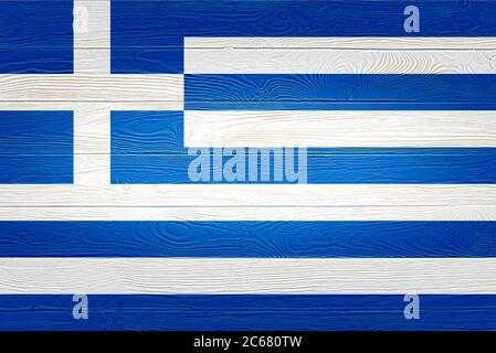 Bandiera greca dipinta su vecchio sfondo in legno. Struttura in legno spazzolato. Bandiera di fondo in legno di tessitura della Grecia. Foto Stock
