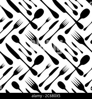 Posate motivo vettoriale senza cuciture. Attrezzi manuali argenteria - silhouette nere a cucchiaio, coltello e forchetta su sfondo bianco. Il design della carta da parati a tema del ristorante e del pasto. Illustrazione Vettoriale