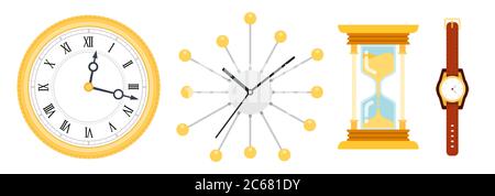 Orologi di tipo diverso. Impostare le icone vettoriali degli orologi meccanici in un design piatto isolato su bianco. Illustrazione Vettoriale