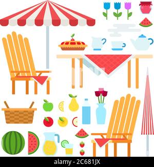 Set di immagini vettoriali piatte picnic estive. Illustrazione Vettoriale