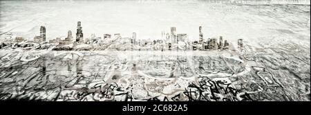 Graffiti con skyline della città, Chicago, Illinois, Stati Uniti Foto Stock