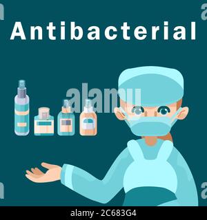 Testo antibatterico con antisettici su sfondo blu. Infermiere in maschera per striscioni sociali, promozione igiene, poster medico. Avviso social network o in Illustrazione Vettoriale