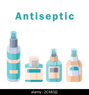 Testo antisettico con spazio di copia su sfondo bianco isolato. Set di bottiglie per banner sociale, promozione igiene, poster medico. Logo del negozio di farmacia o. Illustrazione Vettoriale