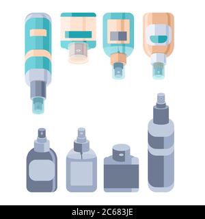 Adesivo antisettico su sfondo bianco isolato. Set di bottiglie per banner sociale, promozione igiene, poster medico. Logo o scheda informativa del negozio di farmacia Illustrazione Vettoriale
