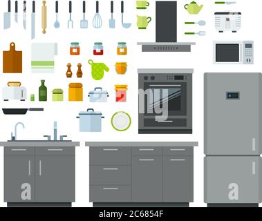 Set di icone degli strumenti di cucina vettore piatto Illustrazione Vettoriale