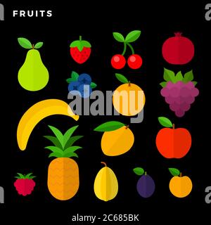Frutta e bacche sono isolate su nero Illustrazione Vettoriale