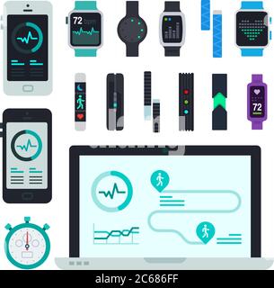 Set di icone Fitness e Smartwatch vettore piatto Illustrazione Vettoriale
