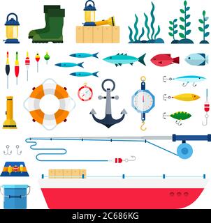 Set di icone degli strumenti di pesca vettore piatto Illustrazione Vettoriale