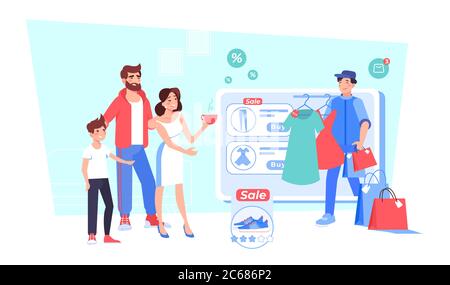 Buon shopping di famiglia in boutique di moda online Illustrazione Vettoriale