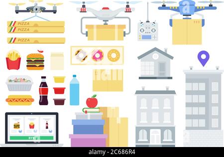 Set di illustrazioni vettoriali piatte Quadcopter e Drone. Illustrazione Vettoriale