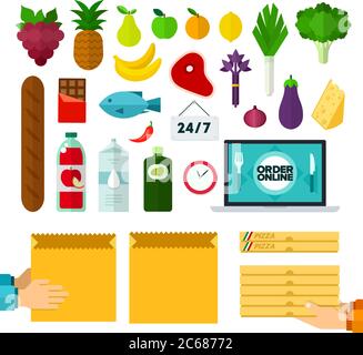 Set di icone online per la consegna di alimenti vettore piatto Illustrazione Vettoriale