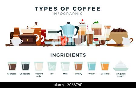 Infografica diversi tipi di illustrazione piatta vettore di caffè. Bevanda deliziosa popolare su sfondo bianco. Illustrazione Vettoriale