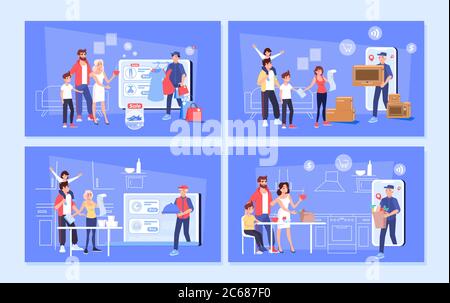Online alimentare, elettronica per la casa, ordine di vestiti Illustrazione Vettoriale