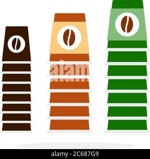 Tre torri di tazze di plastica in diverse dimensioni vettoriali piatte isolate Illustrazione Vettoriale