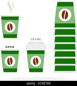 Tazze di caffè in plastica aperte e chiuse in colore verde vettoriale piatto isolato Illustrazione Vettoriale