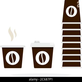 Torre di tazze da caffè monouso e tazza in plastica con vettore di fumo piatto isolato Illustrazione Vettoriale