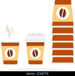 Torre di tazze da caffè monouso e tazza lunga in plastica con coperchio piatto isolato vettoriale Illustrazione Vettoriale