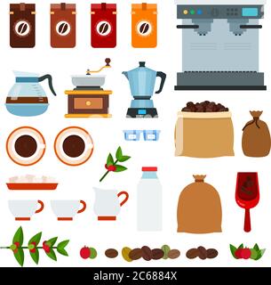 Set di icone caffè arabica vettore piatto Illustrazione Vettoriale