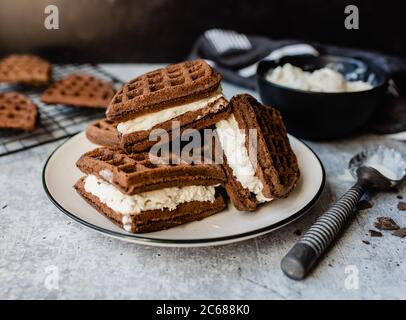 Panini fatti in casa con gelato e i loro ingredienti sul banco di pietra. Foto Stock