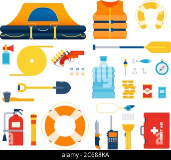 Set di kit di sicurezza per imbarcazioni, Life raft, illustrazione vettoriale piatta galleggiante. Illustrazione Vettoriale