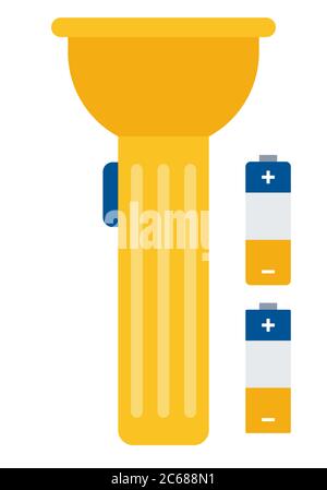 Torcia a mano gialla e batterie per apparecchiature elettriche, illustrazione vettoriale in un design piatto Illustrazione Vettoriale