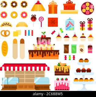 Illustrazione piatta vettoriale negozio di dolciumi. Set con ciambelle, torta, macaroon, cupcakes, pane, caramelle per il negozio di sito web. Isolato su bianco Illustrazione Vettoriale
