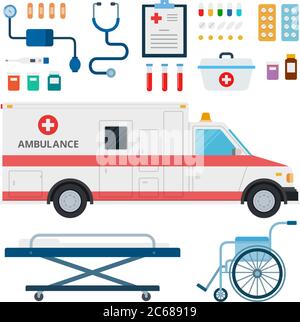 Ambulanze e attrezzature mediche vettoriali di progettazione di materiale piatto. Stetoscopio, tonometro, pillole, cassa medicina, barella, sedia a rotelle isolato su Illustrazione Vettoriale