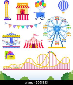 Set di parco divertimenti, circa. flat Vector illustrazione. Illustrazione Vettoriale