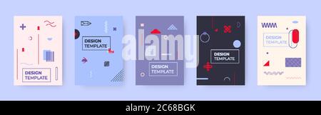 Set di modelli di copertina di memphis geometrico. Elementi artistici di stile alla moda e sfondo di forme diverse. Ideale per riviste di design, poster di copertina dei motivi, banner. Sfondo con posizione per l'illustrazione vettoriale del testo Illustrazione Vettoriale