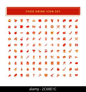 Le icone di cibo e bevande impostano il vettore con un design pieno stile contorno Illustrazione Vettoriale