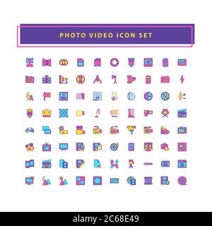 Icone di foto e video con design a contorni pieni Illustrazione Vettoriale