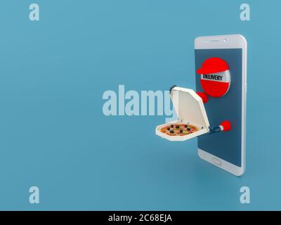 Illustrazione creativa di un servizio di consegna online della pizza nel contesto della pandemia del coronavirus del Covid 19. Rendering 3D Foto Stock
